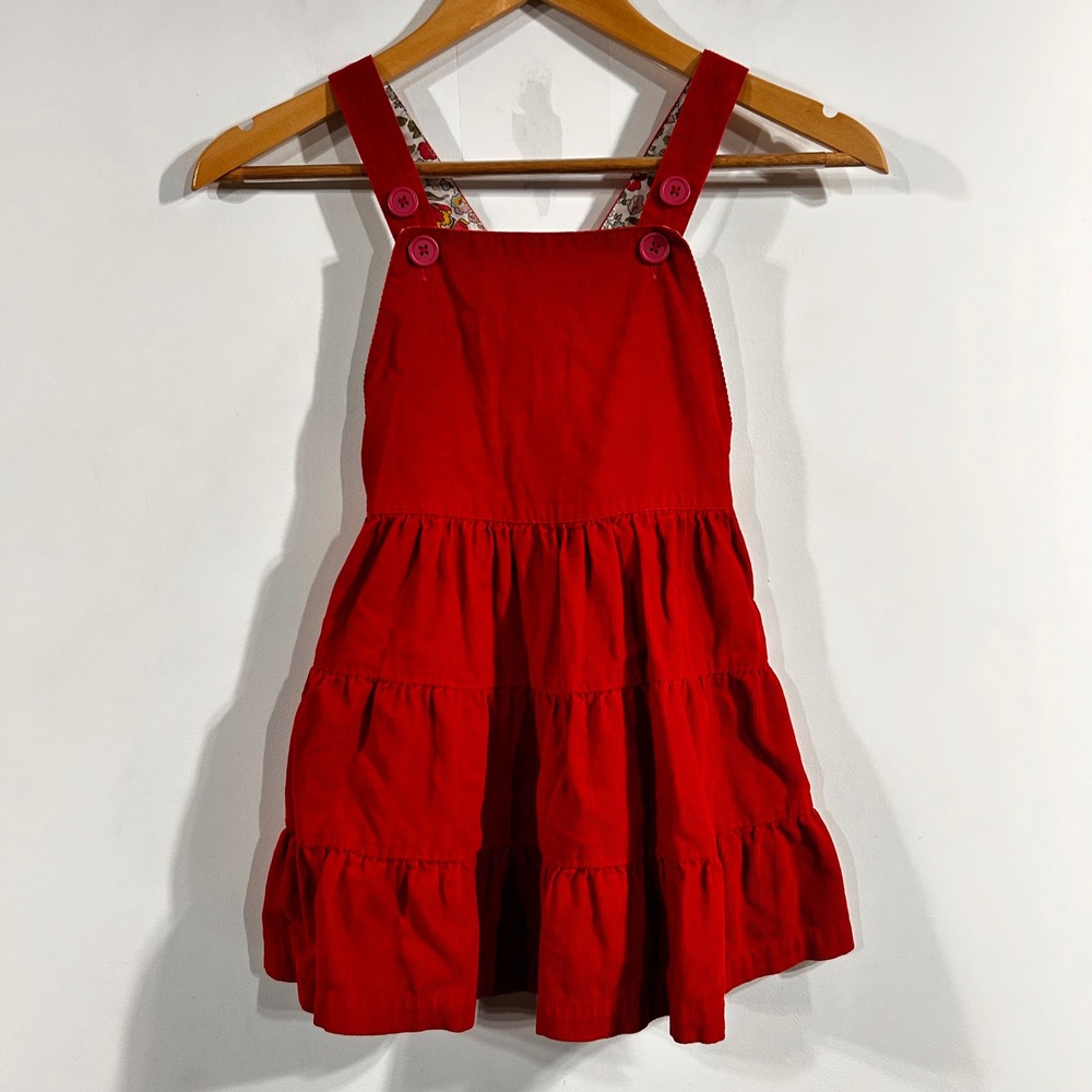 Mini Boden Girls Red Corduroy Tiered Pinafore Jumper Dress Floral Lining 5-6Y